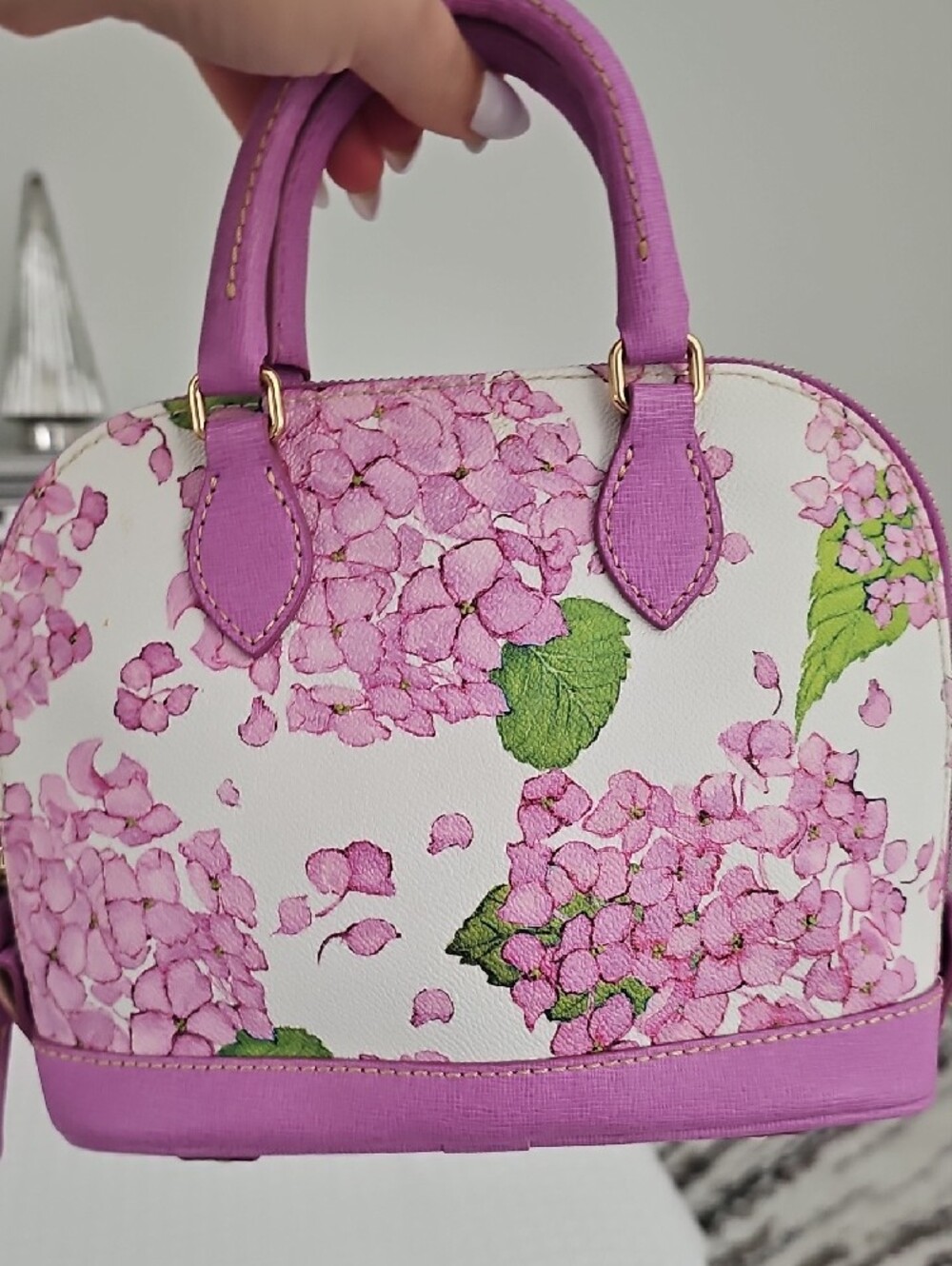 Mini Dooney & Bourke Pink Floral Dome Satchel with Green Leaf Accents - Picture 4 of 10